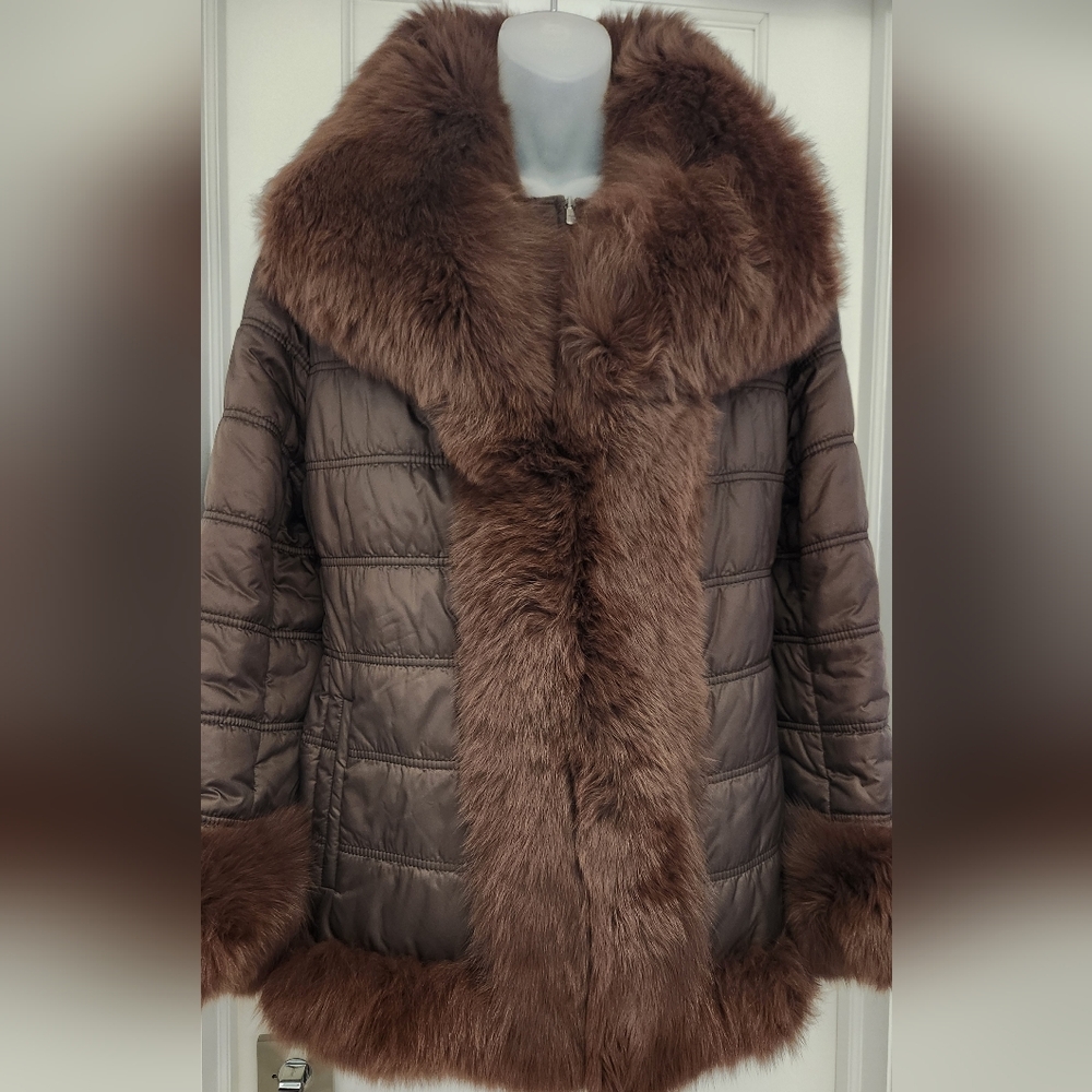 Italian Made Luxurious Fax Fur Trimmed Brown Jacket